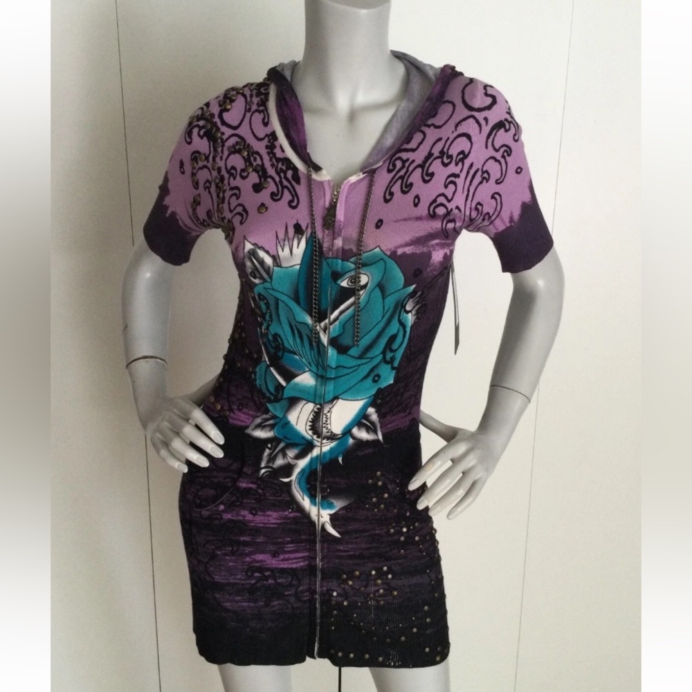Ed Hardy Shark Rose Full Zip Dress Hooded Cardigan Size L